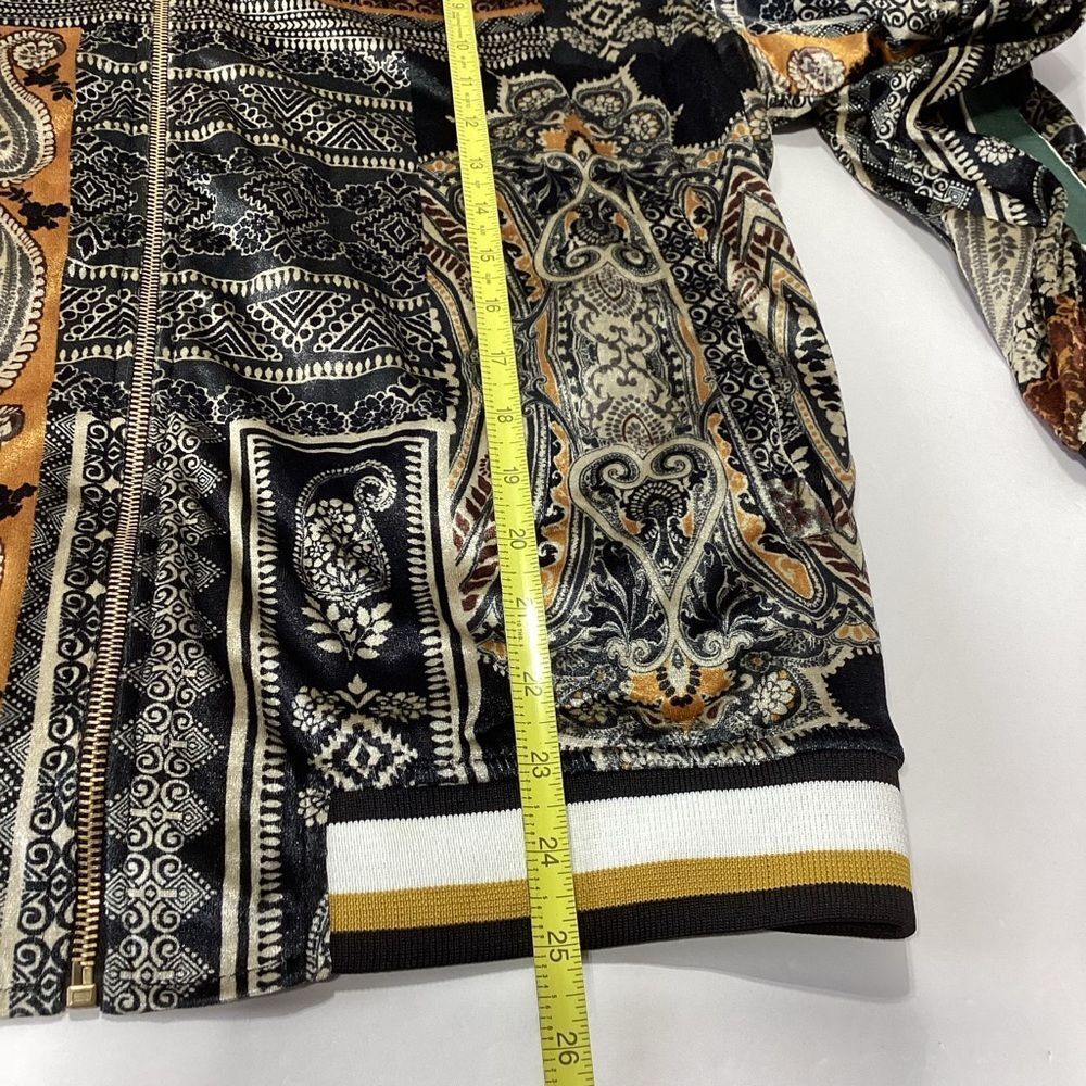 Zara Velour Bomber Track Jacket Size L Green Gold Paisley Stripe Velvet 80s - Picture 7 of 11